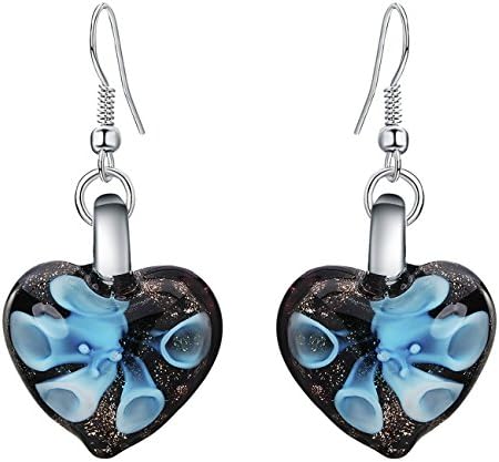CaimeytieWomen's Earrings Blue Glass Heart Pendant Bubble Flower and Glitters Pattern valentines present