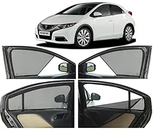 Autofact Half Magnetic Window Sunshades / Curtains for Honda Civic [Set of 4pc - Front 2pc Half Without Zipper ; Rear 2pc Full with Zipper] (Black)