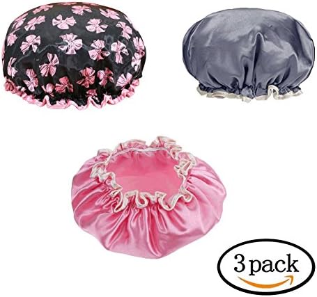 FuYang 3 Pack Waterproof Shower Cap Double Layer Bath Cap for Women Elastic Band Shower Spa Hat (Gray+Pink+Black)