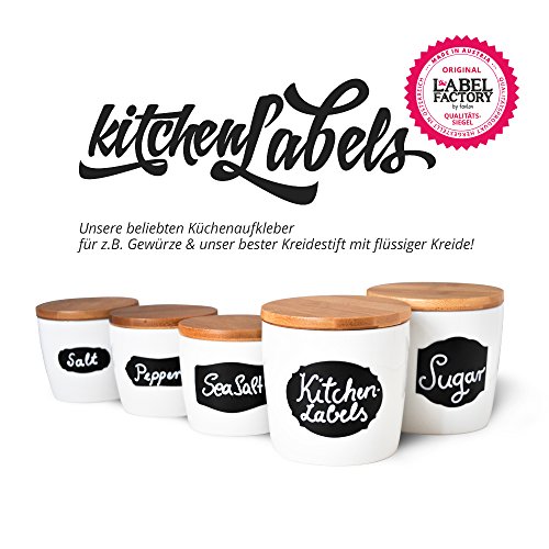 the LABEL FACTORY · 56 Kitchen Labels, schwarz & 1 Kreidemarker, weiß 1mm Präzisionsspitze / 4mm Keilspitze | flüssiger Kreidemarker | Küchen-Etiketten, Gewürz- & Tafel Aufkleber zum Beschriften - 4