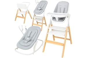Twinly - Trona Evolutiva Bebé Set con hamaca 5 en 1 Multifunción Alaia: Hamaquita, Torre de Aprendizaje, Silla - desde Nacimiento 0m+ -Plegable y Ergonómica Madera Haya - Arnés con protector