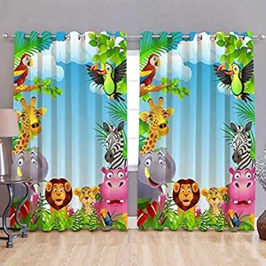 Amazin Homes Polyester 3D Digital Cute Wild Animal Printed Eyelet Door Curtain Parda for Kids Room Play School Home Bedroom, Multicolor (Pack of 2, 4X7 Feet)