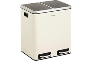 Homra Mülleimer 30l Blinq | Tretmülleimer Küche 2x15 Liter | Treteimer aus Edelstahl | Abfalleimer mit Inneneimern | Trennsystem 2 Fach | Mülltrennsystem | Papierkorb | Softclose | Cremeweiß