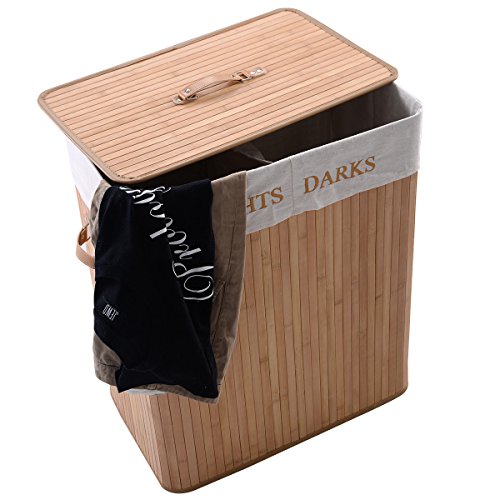 Wäschekorb Wäschekörbe Wäschebox Wäschetruhe Wäschesammler Bambus mit Leinen Kleidersack Wäschetone Wäschewagen 100L (Natur) - 9