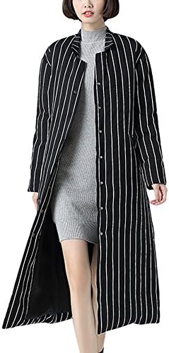 Mena Women's Fashion Striped White Duck Down Mixed Loose Down Jacket Winter Long Section Coat ( Color : Black , Size : S )