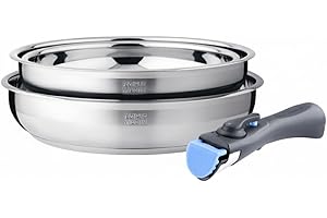 Arthur Martin - Lot De 2 Poêles en Inox - Manche Amovible - Induction Compatible - Compatible Induction - Ensemble Pratique Et Ergonomique - Ø 24 x 26 cm