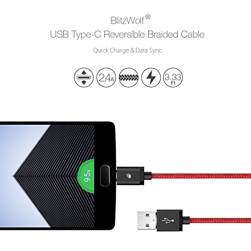 USB C Kabel, BlitzWolf 2M Nylon Typ C Datenkabel Doppelseitig für Nexus 5X 6P, OnePlus 2, Nokia N1, Xiaomi 4C, Zuk Z1, Apple Macbook(Rot) - 5