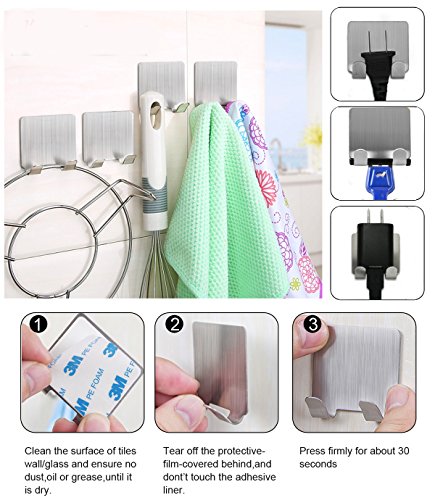 Joyoldelf 3 m Selbstklebende Haken Razor Haken Badetuch Racks für Badezimmer Küche, doppelter Haken Design, 8 Stück, Edelstahl - 3