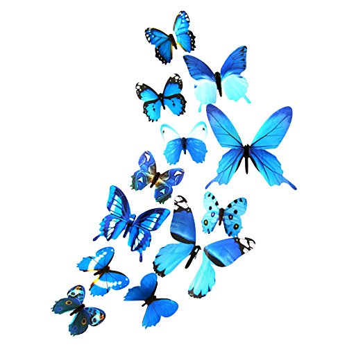 DEKOWEAR 3D Schmetterlinge realistisch 12er Set Wanddekoration mit Klebepunkten zur Fixierung Wandtattoo Wandsticker Wanddeko Blau