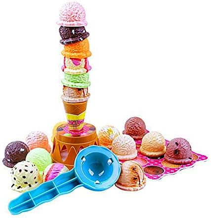 BeFun Ice Cream Stacking Tower Children's Balance Game Set Food Pretend Play Toy for Birthday Party Colorful Ice Cream Cone Tower With Scooper And 12 Scoop Flavors for Kids Girls