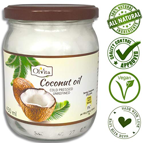 Ol'Vita: Aceite de coco prensado en frío - Excelente crema hidratante para el cabello y la piel - Perfecto para cocinar - Suplemento dietético crudo sin refinar superior 450ml