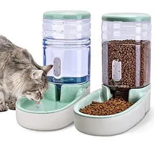2 Pack Automatic Dog Cat Feeder and Water Dispenser Gravity Food Feeder and Waterer Set with Collapsible Dog Bowl for Small Medium Dog Puppy Kitten, Large Capacity 1 Gallon x 2