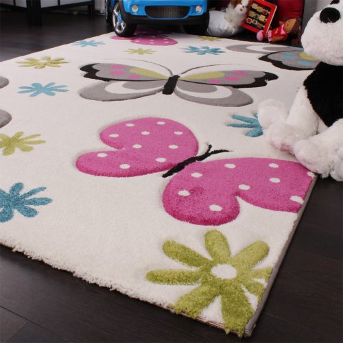 Kinder Teppich Schmetterling Design Pink Grün Blau Grau Creme, Grösse:120×170 cm - 3
