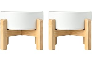 SPUNKYJUNKY Hundenapf Keramik Erhöhter Futternapf Set mit Bambus Ständer für Katzen und Hunde (400ml, Weiß)