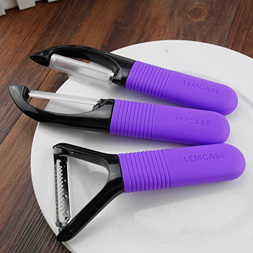 LEMCASE Obstschäler und Gemüseschäler – 3 Stück Schäler Sparschäler Set [Gezähnt, Gerade, Julienne Klingen] mit Lila Silikon Griffe - 8