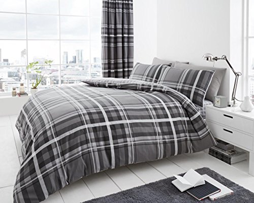 Lifestyle Production @ Newton Tartan Checked Design Reversible Polycotton Duvet Quilt Cover With Pillow Case Bedding Set (Double, Newton Tartan Checked - Grey)