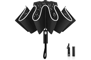 LAMA Składany parasol, odwrócony parasol, wiatroszczelny, mocny, automatyczne otwieranie/zamykanie, anty-UV, kompaktowy, przenośny parasol podróżny z paskami odblaskowymi na deszcz, słońce
