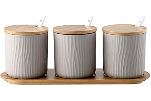 OnePine Set di 3 Zuccheriera, Zuccheriera in Ceramica Rotonda con Coperchio e Cucchiaio, Design Elegante, per Casa e Cucina