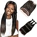 Produktbild DAIMER Peruvian Straight Virgin Hair Frontal Free Part 4x13 Top Lace Closure with Baby Hair Bleached Knots and 3 Bundles Virgin Hair Weft Natural Black 18 20 22 +16 Frontal