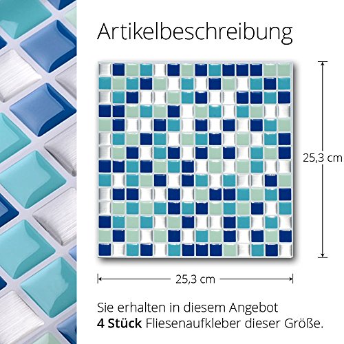 4er Pack 25,3 x 25,3 cm Wandaro 3D Fliesenaufkleber W3329 große Auswahl für Küche Bad Fliesenfolie selbstklebend Wandaufkleber blau türkis silber Design 2 - 4