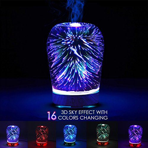[NEU]3D Glas Full Star Nachtlampe ätherisches, Öl Luftbefeuchter, GLISTENY 100ml Aroma Diffuser Ultraschall Humidifier Ruhiger Tragbarer 16 Farben Nachtlicht für Baby Badezimmer Wohnzimmer Schlafzimmer Büro