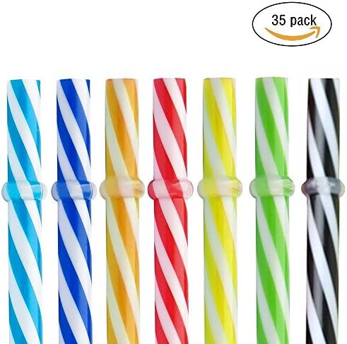 Drinking Straws Reusable, LXMAO Straws Plastic BPA Free Multicoloured Stripe Straws Straight for Birthday, Wedding, Bar, Christmas, Halloween, Celebration Parties, Pack of 35, Straw Cleaning Brush Included