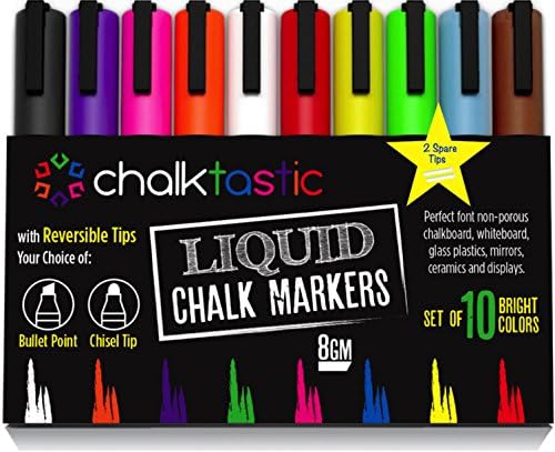 Chalktastic Liquid Chalk Markers 10 Pack of Professional Quality Pens With Bright Neon Colours &amp; Bonus 8 Chalk Labels, 6mm Reversible Fine or Chisel Tip - Massive 8gm of Ink! Use on Chalkboard, Glass, Bistro Boards