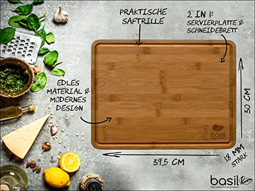 BASIL | Bambus Schneidebrett und Küchenbrett | extra Groß | 39cm x 30cm x 1,8cm zum Kochen, Backen, Schneiden | Hackbrett – Tranchierbrett – Servierbrett – Schneidebrett – Küchenbrett | inkl. Pflegeanleitung und Zufriedenheitsgarantie - 2