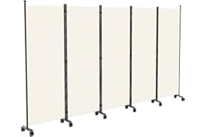 Monucep Paravent Raumteiler 284x181x30cm, 5 Teilig klappbar Freistehend Trennwand auf Rollen und Bremsen, Umkleide Sichtschutz Wand Raumtrenner, Stellwand für innen Outdoor Garten Büros Terrasse, Weiß