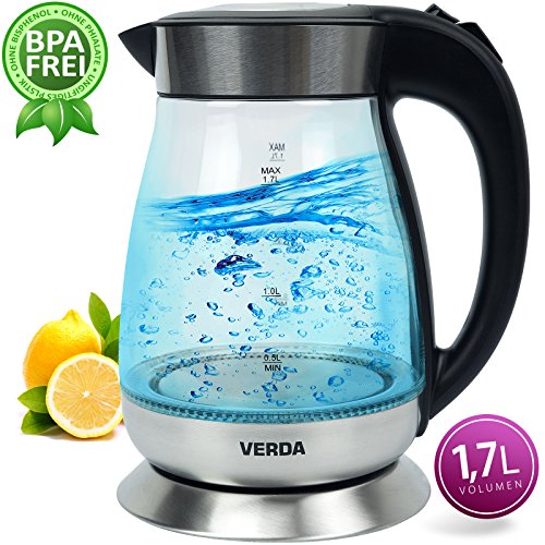 VERDA Wasserkocher 1,7L 2200W Edelstahl LED BELEUCHTUNG Glas SN0617L-7