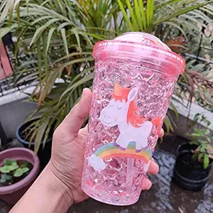 Economical Store 91 Plastic Food Grade Material Sipper Tumbler Summer Ice Cup Freezer Plastic Mug for Juice, Milkshakes and Other Beverage Birthday Gift Unicorn Theme (450 ml) Straw Inside