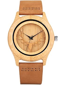 Quartz-Armbanduhr aus Bambus-Holz mit Lederarmband und japanischem Quartzuhrwerk mit Hirschkopf-Design von Yisuya