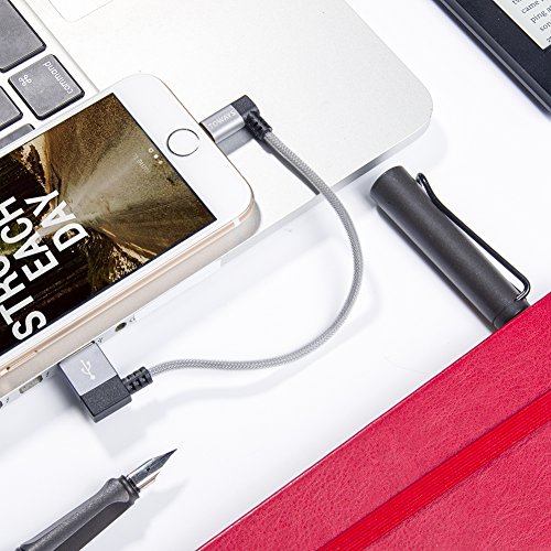 iPhone Ladekabel Toways Lightning Kabel [Apple MFi zertifiziert] 90 Grad Winkel Stecker 0.15m Nylon USB Datenkabel für iPhone 7 / 7 Plus / 5 / iPhone 6 / iPhone SE / 6 / 6 Plus / 6s / 6s Plus / 5 / 5c / 5s, iPad Pro Air Air 2 mini2 mini3 4th Gen, iPod Nano 7th Gen, DJI Mavic Pro Drone, Power Bank – Grau - 5