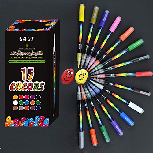 Rotuladores de Pintura Acrílica, UGUI 15 Colores Permanentes Punta Extrafina de 0,7 mm para Roca, Proyectos de Bricolaje, Tela, Metal, Vidrio, Madera, Diseñar Taza de Cerámica, Huevo de Pascua