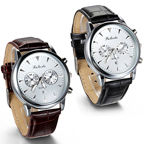 JewelryWe 2pcs Herren Armbanduhr, Wasserdicht Analog Quarz, Vintage Business Uhr mit Leder Armband, Schwarz Braun JewelryWe 2pcs Herren Armbanduhr, Wasserdicht Analog Quarz, Vintage Business Uhr mit Leder Armband, Schwarz Braun
