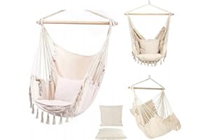 ‎NEED SLEEP Brasilianische Hängesessel Indoor & Outdoor mit 2 Kissen 80 cm & Bücherfach - max 150kg Tragkraft Hängeschaukel Hängekorb Wohn & Garten Hängematte für Kinder & Erwachsene (Beige)