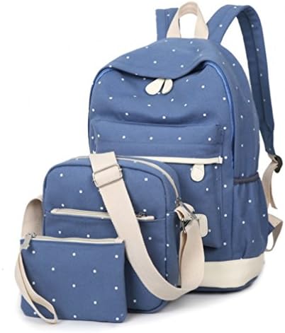 Evay 3PCS Canvas School Bags Set Backpack Vintage Leisure Series Polka Dots Colorful Rucksack School Backpack for Youth Teenager Girls and Boys Cute Casual Daypack + Shoulder Bags Messenger Bag + Pencil Case Purse