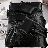 New_Soul Ensemble de Literie en Soie Housse de Couette Satin Taie d'oreiller de Luxe Parure de Lit (Noir, King, 220 x 240 cm)