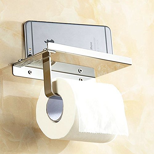 SPAHER Rustproof Wall Mounted Toilet Paper Roll Holder Stainless Steel Bathroom Toilet Paper Tissue Rack Stand Holder with Mobile Phone Storage Shelf, Polished 304 Stainless Steel
