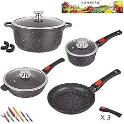 Kamberg - 0008166 - Set Lot Batterie de cuisine 10 pièces - Fonte d'aluminium - Revêtement pierre - Tous feux dont induction - Manche amovible - Sans PFOA
