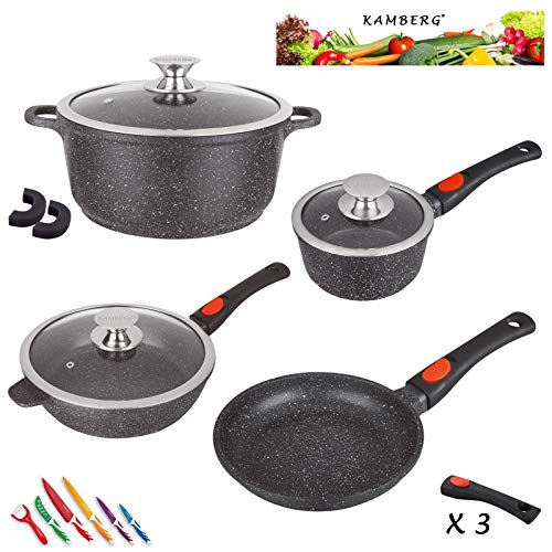 Kamberg - 0008166 - Set Lot Batterie de cuisine 10 pièces - Fonte d'aluminium - Revêtement pierre - Tous feux dont induction - Manche amovible - Sans PFOA