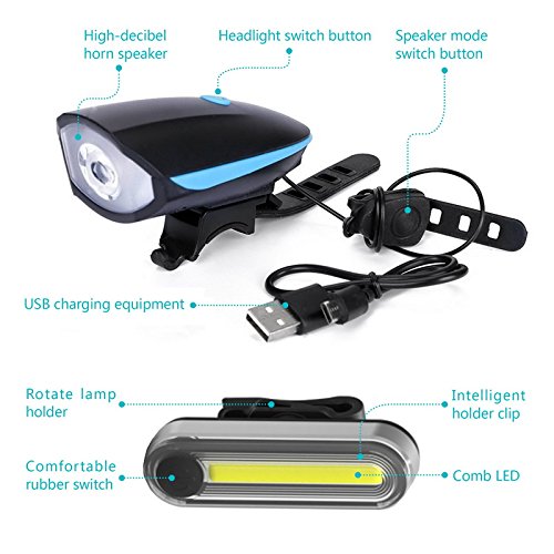 LIVEHITOP Wiederaufladbar LED Fahrradlampensets, Fahrrad Scheinwerfer Rücklicht Kombinationen 3 in 1 Nachladbare Fahrrad Licht Set (1 Scheinwerfer mit 120 DB Laut Hupe, 1 Rücklicht mit Clip, 2 USB-Kabel) - 4
