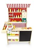 Kaufladen aus Holz inklusive Kaufladenzubehör und Registrierkasse, Supermarkt aus Holz, Verkaufsstand mit Verkaufsregal, Frontablage und Tafel und Zubehör, Marktstand - 3