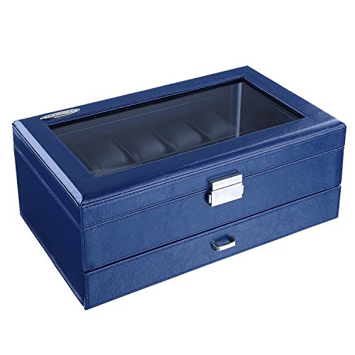 Songmics Uhrenbox für 10 Uhren Uhrenkoffer Sichtfenster aus PU und Glas blau JWB012L