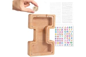 Wivico Huchas Originales para Niños Hucha Madera con Letras de A-Z, Personalizadas Hucha Infantil Hucha Transparente Mealheiro Criança Huchas para Niños de Cumpleaños/Decoración del Hogar/Recuerdo（I）