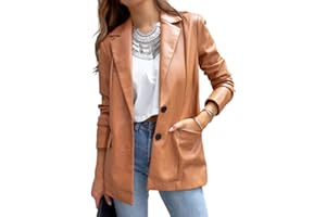 shownicer Femmes Élégant Blazer Veste en Simili Cuir Boutons Blazer à Manches Longues Revers Couleur Unie Décontracté Veste avec Poche