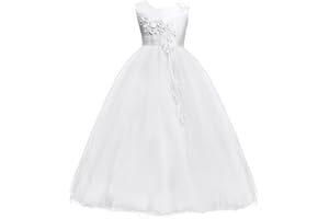 IWEMEK Kids Big Girls Bridesmaid Tulle Lace Dress School Girls Elegant Communion Ball Gown Dance Pageant Birthday Christmas Party Prom Evening Wedding Flower Dress Sleeveless Floor Length 5-16 Years