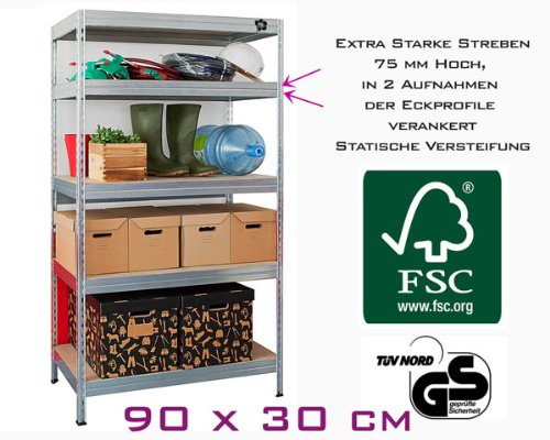 Lagerregal Kellerregal Metallregal Steckregal der Marke Lagerknecht® TÜV – geprüft- Regal Verzinkt 90 x 30 x 200 cm bis 825 kg belastbar *FSC Zertifiziertes Holz - 2