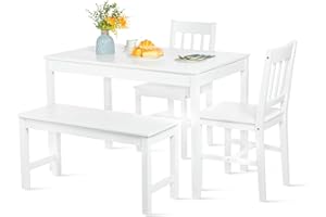 ‎FURNITABLE FURNITABLE Esstisch-Set, Stühle und Bank, 4er Set, Küchentisch und Stühle, massives Kiefernholz, Weiß