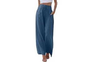 ZhungZaoh Sommerhose Damen Sommer Leinen Leicht Casual Locker Leinenhose Freizeithose Palazzo Hose Weite Leg Hose Stoffhose Hohe Taille mit Tunnelzug und Taschen